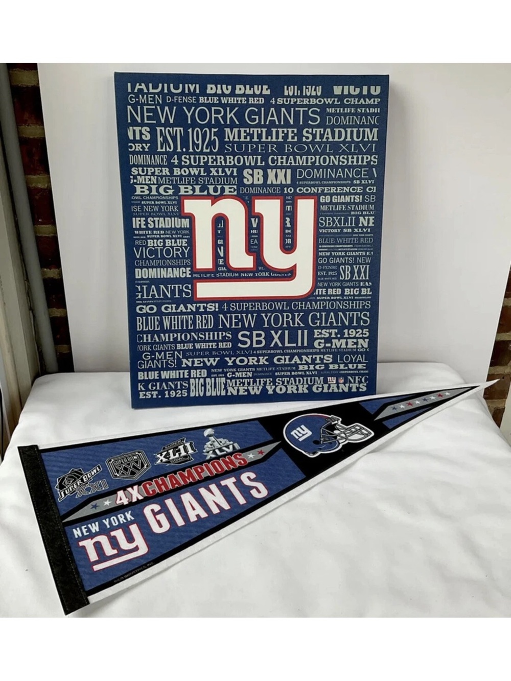 Framed 20 X 15 New York Giants 4 Time Super Bowl Champion/Pennant  Man Cave/ Bar